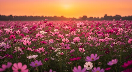 Field of pink flowers at sunset