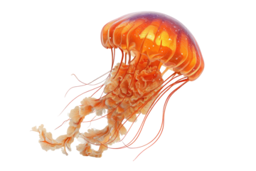 Orange jellyfish, long tentacles, translucent, isolated