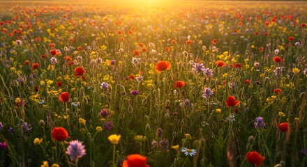 Field of wildflowers in sunlight
