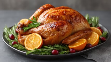 Platter of Roasted Turkey Garnished with Fresh Oranges and Herbs for Festive Feast