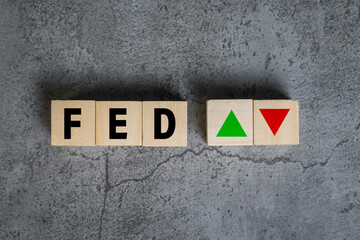 Fototapeta premium the fed or federal reserve with up and down arrow on wooden blocks on cement background