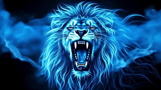 A roaring lion with a stylized, fiery blue mane and body.