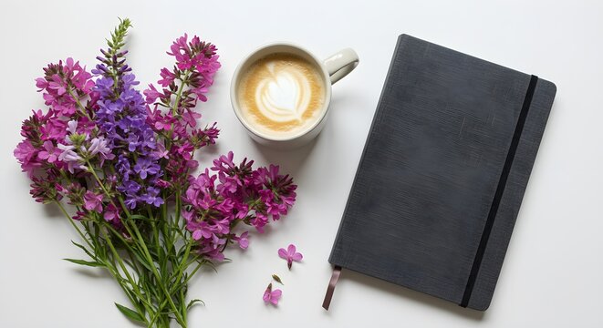 Floral arrangement coffee and notebook on white surface