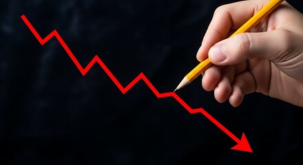 Hand drawing a red arrow graph going down on a black background, symbolizing financial loss or decline
