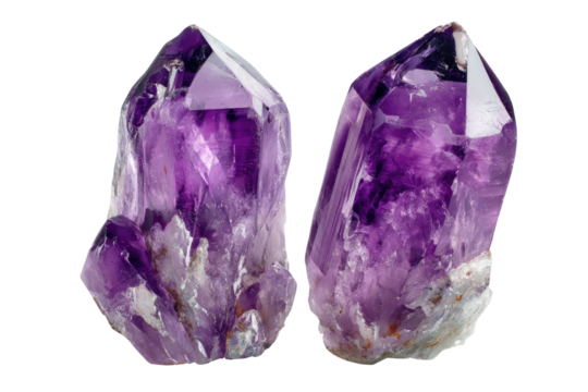 Two amethyst points display striking purple hues