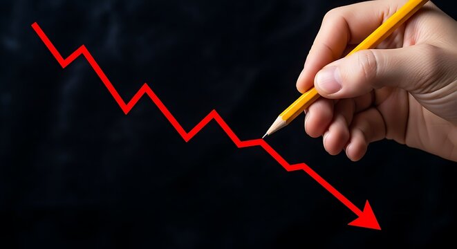 Hand drawing a red arrow graph going down on a black background, symbolizing financial loss or decline
