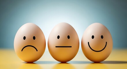 Three eggs with faces drawn on them, showing different emotions sad, neutral, and happy