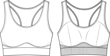 Sports bra technical sketch, front view fashion flat, scoop neckline activewear design, garment vector template, apparel illustration for stock content