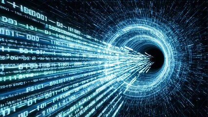Abstract blue digital data tunnel with binary code and light rays - Powered by Adobe