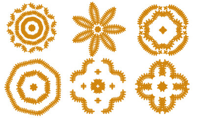 Collection of six golden mandala like floral ornaments with intricate patterns, isolated on transparent background