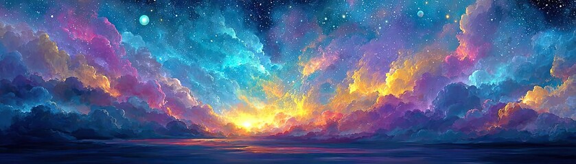 Naklejka premium Floating in space dream concept bed concept. A vibrant sunset over the ocean, showcasing colorful clouds.