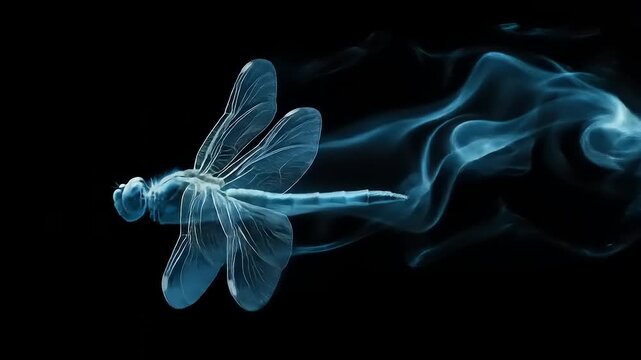 Abstract illustration of a dragonfly composed of smoke against a black background