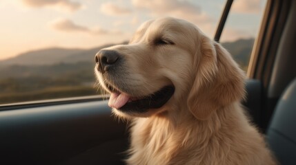 Joyful Dog Relaxing in the Car with Scenic View, Showcasing Happiness and Contentment during a Beautiful Ride