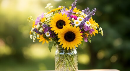 Vibrant bouquet of sunflowers and wildflowers