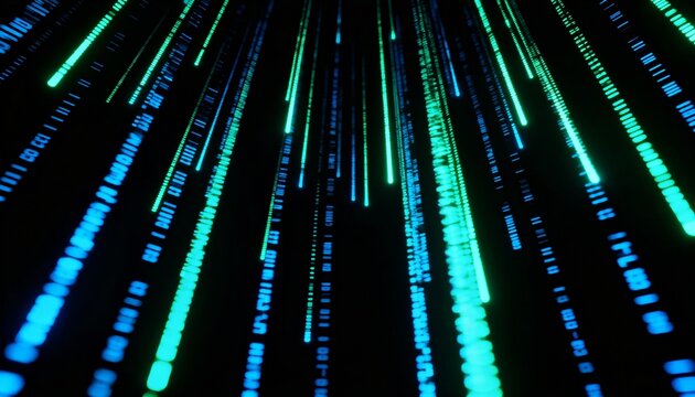 Futuristic digital data stream with glowing blue and green light trails, abstract technology background for big data, AI, and cybersecurity concepts with a matrix code effect.