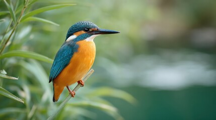 Fototapeta premium Vibrant Kingfisher Resting on Cattail Stem Near a Tranquil Pond Surrounded by Lush Greenery in Natural Habitat