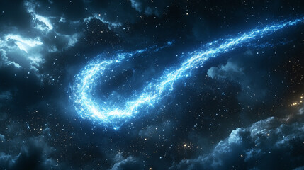 A comet streaks through space forming an infinity loop with its glowing tail, symbolizing eternity, cosmic motion, energy, and the endless flow of time in a dynamic and celestial scene