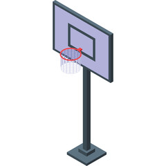 Isometric basketball hoop and backboard with a net against a white background on a gray pole and base