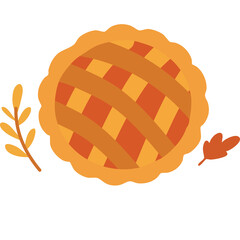 A Top Down View Of A Warm Orange And Yellow Lattice Top Pie Surrounded By Autumn Leaves On A White Background