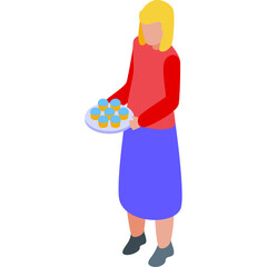 Isometric blonde woman in red long sleeve shirt holding tray of blue frosted cupcakes in grey shoes and blue skirt on white background flat vector illustration