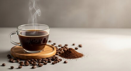 A steaming cup of black coffee on a wooden coaster surrounded by roasted beans and ground coffee.