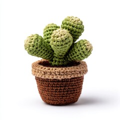 Fototapeta premium Crocheted Green Cactus in Brown Pot on White Background
