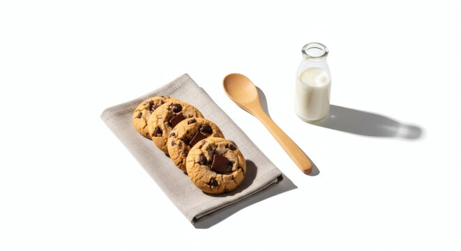 Classic Chocolate Chip Cookies on a Grey Napkin with a Wooden Spoon and Small Milk Bottle, Isolated on White with Hard Shadow