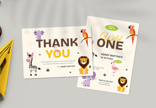 Playful Animal Safari Kids Birthday Invitation and Thank You Card Design with Illustration