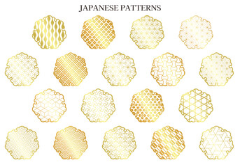 雪輪の縁に色々な和柄パターンセット_ゴールド