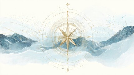 Elegant compass design over serene blue and gold mountain landscape with soft textures