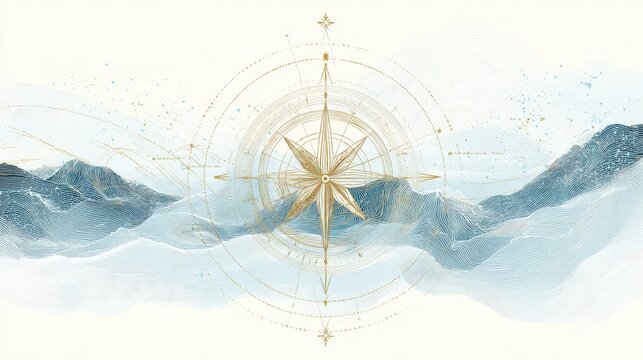 Elegant compass design over serene blue and gold mountain landscape with soft textures