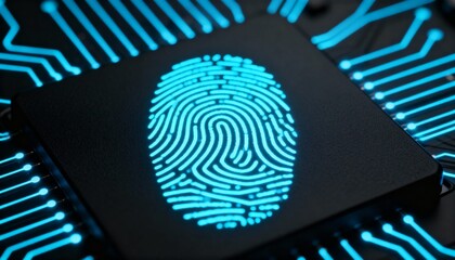 Glowing blue fingerprint scan symbol on a dark integrated circuit microchip with bright neon light lines, representing digital security, biometric authentication, data protection, futuristic cybersecu