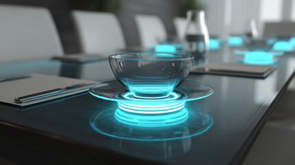 Conference table with a single glowing cup as focal point, symbolizing focus, innovation, and inspiration in a corporate meeting setting. Minimalist composition emphasizing creativity and professional