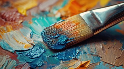 Fototapeta premium Colorful palette with paintbrush displaying vibrant hues of blue and orange in a creative art studio setting