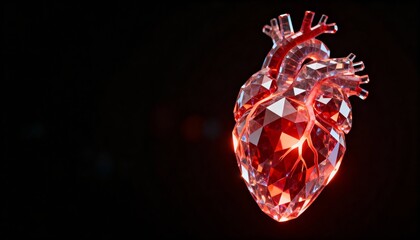 Highly detailed abstract red faceted crystal human heart sculpture, glowing with internal light against a deep black background, symbolizing advanced cardiology, medical research, precision, love, hea
