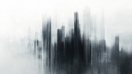 Futuristic city skyline shrouded in mist during early morning light revealing tall buildings and urban structure
