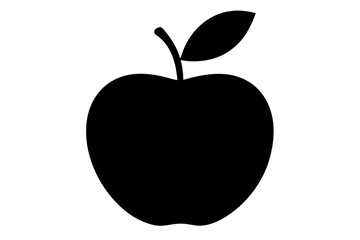 A simple black silhouette of a ripe apple with a stem and a single leaf isolated on a white background representing fruit and healthy eating silhouette