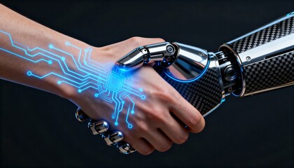 Human hand shaking Ai Hand advanced robotic arm with glowing blue digital circuit board overlay, representing artificial intelligence integration, future technology partnership, and human-machine
