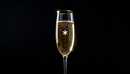 Luxurious golden champagne flute filled with sparkling bubbly wine and a glittering star inside, radiating festive cheer and elegance against a dark black background, perfect for New Year's Eve, celeb