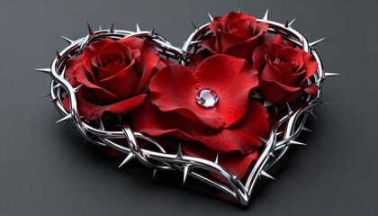 Luxurious heart-shaped crown of thorns embracing vibrant red roses and a sparkling diamond dewdrop on a petal, symbolizing love, passion, and beauty with a touch of pain, on a dark background.