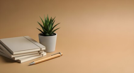 Minimalist Workspace Aesthetics: Stack of Notebooks, Pen, and Succulent Plant on a Neutral Beige Background with Clean Copy Space for Business and Education