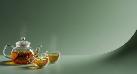 Steaming Hot Herbal Tea in a Glass Teapot and Cups, Representing Relaxation, Wellness, Healthy Lifestyle, and Copy Space on a Minimalist Green Studio Background