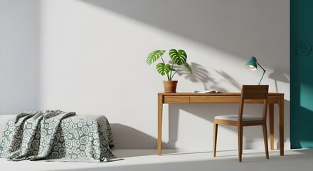 Minimalist Home Office with Natural Sunlight and Monstera Plant. Scandinavian Style Desk, White Wall, and Copy Space.