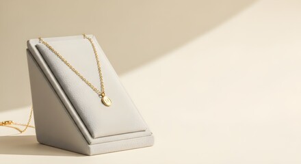 Elegant Minimalist Gold Pendant Necklace Displayed on a Jewelry Stand, Representing Luxury, Fashion, E-commerce, and Fine Jewelry Advertisement with Copy Space