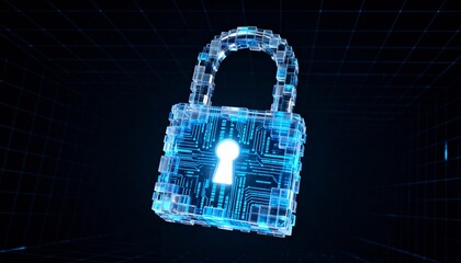 Modern cyber security concept featuring a glowing blue digital padlock constructed from abstract translucent blocks and intricate circuit board details, showcasing a bright keyhole, floating in a dark