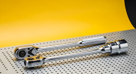Shiny Chrome Ratchet Wrenches on Perforated Metal Surface. Professional Mechanic Tools with Vibrant Yellow Background.