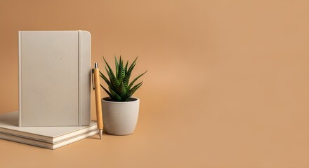 Minimalist Stationery Setup with Notebook, Pen, and Plant. Productivity and Education Concept on Neutral Beige Background.