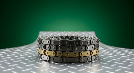 Industrial Roller Chain on Diamond Plate Metal Texture. Close-up of Machinery Part with Dramatic Green Background.