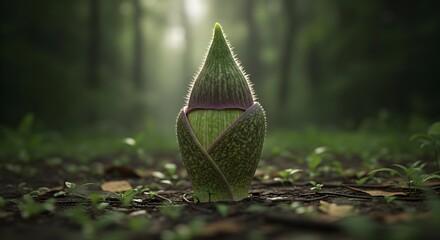 Skunk Cabbage Sprout in Misty Spring Forest. Low Angle Shot of Early Plant Growth in Magical Woodland Light.
