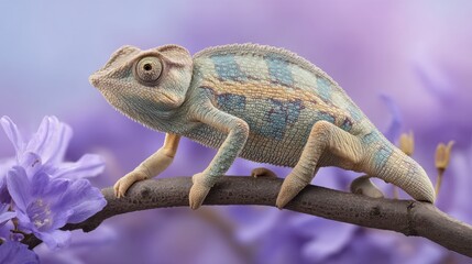 Obraz premium Colorful chameleon perched on a branch amid vibrant purple jacaranda flowers, showcasing its unique texture and adaptation in a lush environment